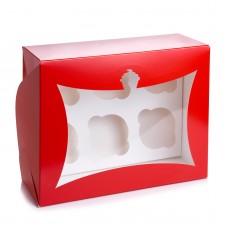 Коробка на 6 капкейків червона з віконцем "Кекс". 240*180*90