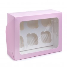 Коробка на 6 капкейков с прямоугольным окном розовая, 240*180*90