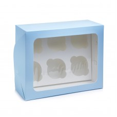 Коробка на 6 капкейков с прямоугольным окном голубая, 240*180*90