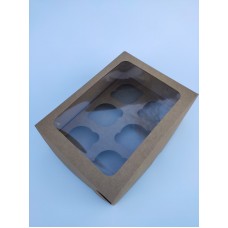 Коробка на 6 капкейков с прямым окном, крафт, 240*180*90