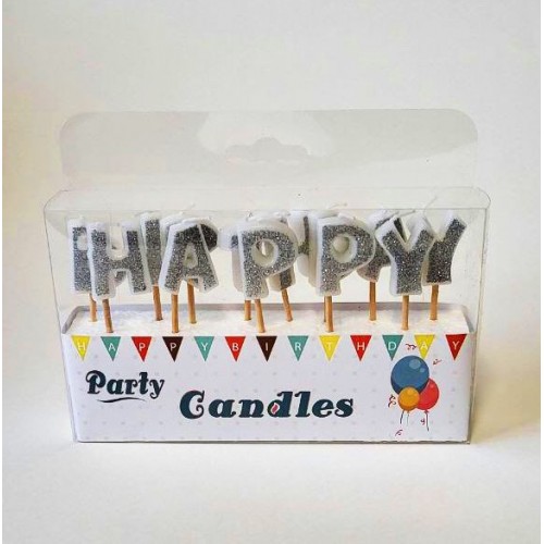Свічки для торту "Happy Birthday" срібло