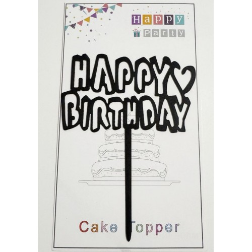 Топпер "Happy birthday” Чорний з серцем, акриловий пластик, 110*160