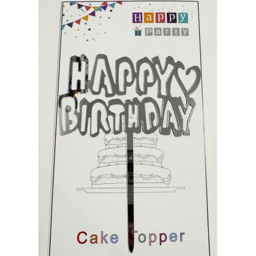 Топпер "Happy birthday” Срібний з серцем, акриловий пластик, 110*160