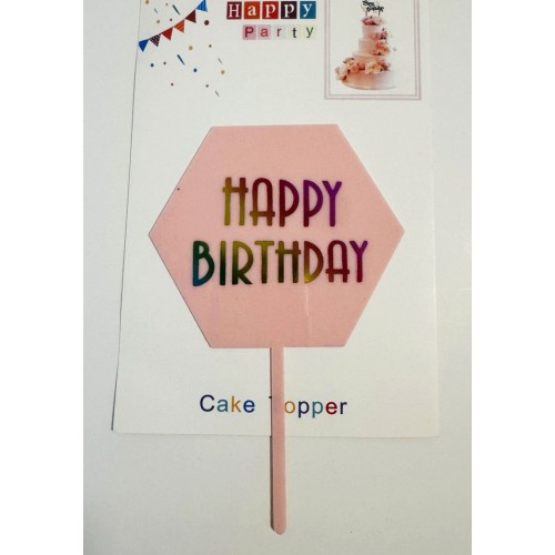Топпер "Happy birthday” шестигранний рожевий, акриловий пластик, 110*160