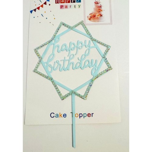 Топпер "Happy birthday” Квадратики, блакитний зі стразами, акриловий пластик, 110*160
