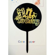 Топпер "Happy birthday” круглый, черный с подарками, надпись - золотая голограмма, акриловый пластик, 110*160