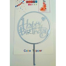 Топпер "Happy birthday” серебряный круг с средечком, акриловый пластик, 110*160