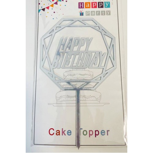 Топпер "Happy birthday” серебряный многогранник, акриловый пластик, 110*160