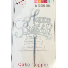 Топпер "Happy birthday” серебряный вензель, акриловый пластик, 110*160