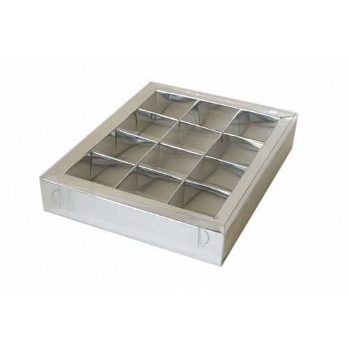 Коробка для 12 цукерок з бортиком, з срібною ламінацією, 195*150*30