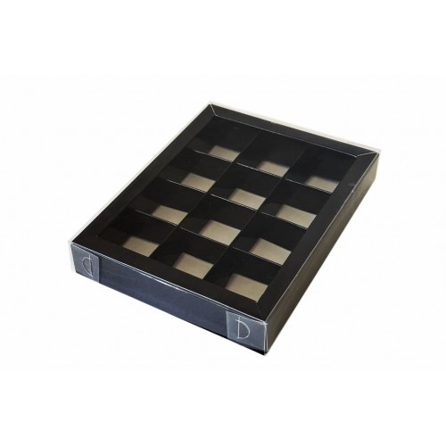 Коробка для 12 цукерок з бортиком  чорна, з захисним лаком, 195*150*30