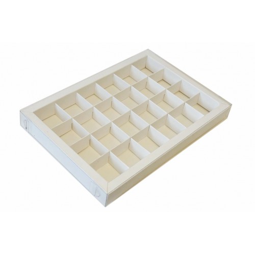 Коробка для 24 цукерок біла, з бортиком і прозорою пластиковою кришкою, 275*190*30