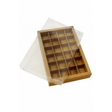 Коробка для 24 цукерок крафтова, з бортиком і прозорою пластиковою кришкою, 275*190*30 Коробка для 24 цукерок крафтова, з бортиком і прозорою пластиковою кришкою, 275*190*30