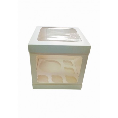 Коробка біла для бенто тортів, п'яти капкейків з віконцем на кришці та додатковим віконцем збоку, 250*250*200