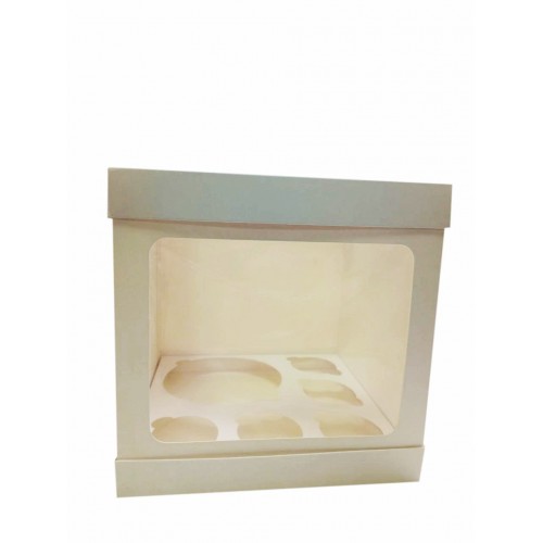 Коробка біла для бенто тортів, п'яти капкейків з віконцем на кришці та додатковим віконцем збоку, 250*250*250